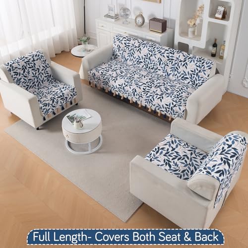 Image of HOKIPO Printed Holland Velvet Sofa Cover 5 Seater Set - Washable 3+1+1 Sofa Cover with Tassel | Full Protection for Sofa Seat and Back | 'Whispers of Nature' | Indigo Foliage (IN-1127+1125-D10*2)