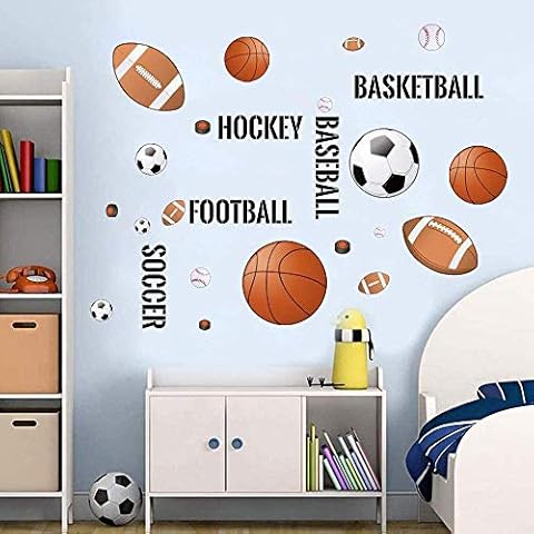 Supzone Sport Balls Wall Stickers Boys Wall Decals Basketball Soccer Baseball Football Hockey Wall Decor Boys Playroom Bedroom Classroom Living Room Cover