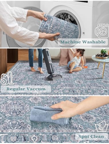 SERISSA Boho Washable Runner Rug, 2x6 Rug Non-Slip Vintage Floral Hallway Kitchen Runner Rug Ultra Soft Print Distressed Blue Grey Floor Carpet for Bedroom Bathroom Laundry Room