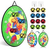 LESONG Doppelseitige Kinder Dartscheibe, 66cm Dartboard Set Dartscheibe Klett Partyspiele mit Dinosaurier Motiven & Zahlen, Dart Wurf Spiel Scheibe Sport Spielzeug mit 12 klebrigen Bällen 2 Haken