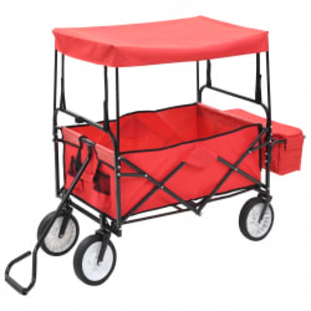 Klappbarer Handwagen mit Sonnendach Stahl Rot, Transportwagen mit 75 kg Kapazität, Faltbarer Rollwagen mit 360° drehbaren Rädern, Plattformwagen für Garten, Reisen und Transport
