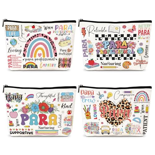 Luvsweets Paraprofessional Appreciation Gifts Bulk - 4Pcs Paraprofessional Thank You Birthday Christmas Retirement Gifts for Women Canva Makeup Cosmetic Bags Toiletry Pouch with Zipper
