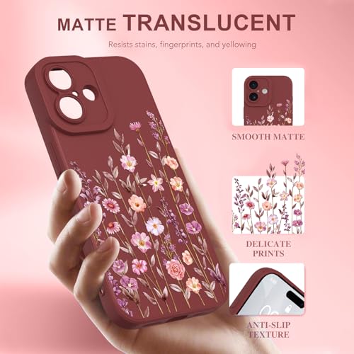Image of Designed for iPhone 17 Case Flower for Women Girls, Wine Red | Cute Floral Pattern Liquid Silicone Phone Case [Full Camera Protection] Slim Soft TPU Protective Cover