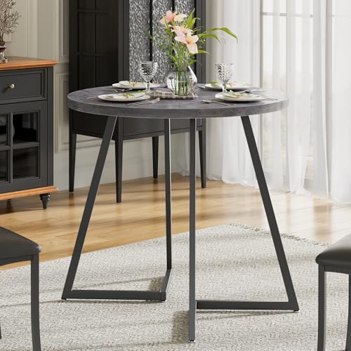 Image of VECELO 35 inch Round Dining Table for 4, Wood-Grain Tabletop & Heavy-Duty Steel Frame, for Kitchen, Living Room, Easy Assembly, Light Grey