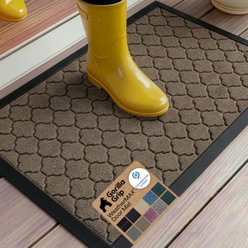 GORILLA GRIP 100% Waterproof All-Season WeatherMAX Doormat 35x23, US Designed Natural Rubber, Stain and Fade Resistant, Low Profile Indoor Outdoor Door Mats, Easy Clean Patio Mat, Latte Quatrefoil