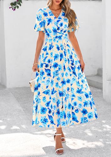 Image of PRETTYGARDEN Womes Boho Maxi Dresses 2026 Summer Spring V Neck Puff Sleeve Empire Waist A Line Flowy Long Beach Floral Dress
