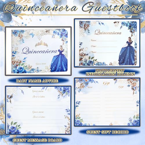 Image of MotiMind Quinceanera Guest Book with Pen 11 x 8 Inch Libro De Firmas Para 15 Anos Quinceanera Leather Hardcover Signature Book Guest Sign in for 15th Party Favors Decoration(Blue,Princess)
