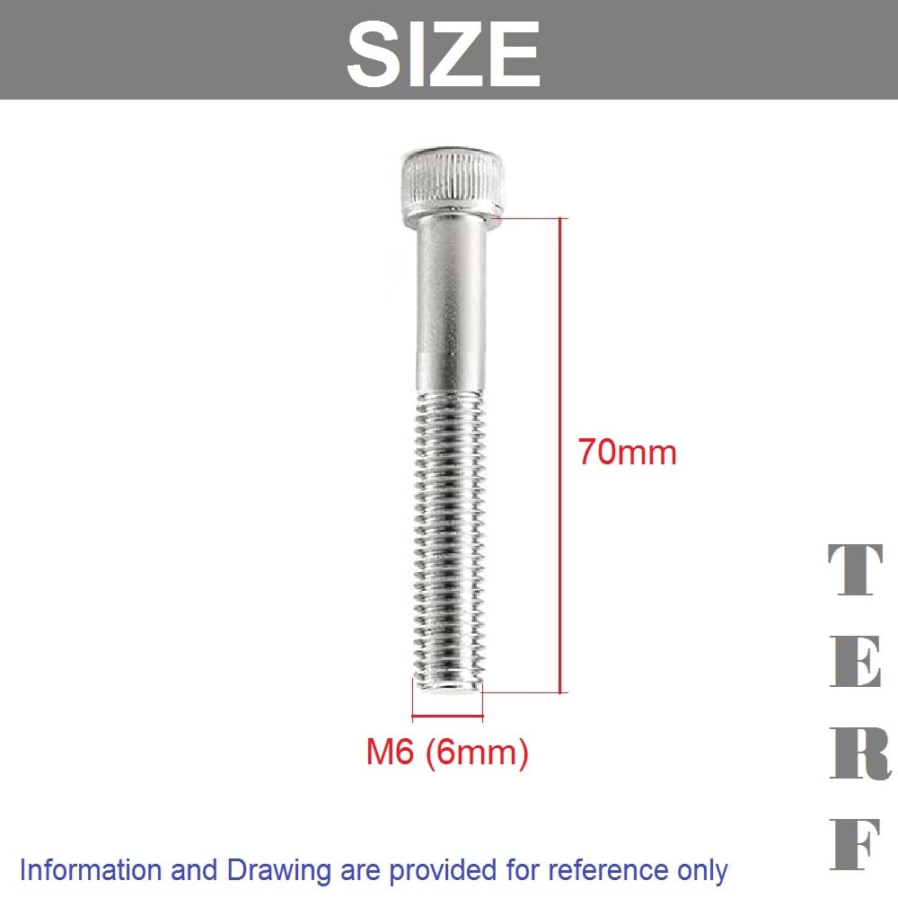 TERF® M6 X 70mm Hex Socket Cap Head Machine Screws Stainless Steel A2 (304) Machine Screw M6 (6mm) X 70mm Allen Key Hexagonal Socket Cap Bolts - Image 3