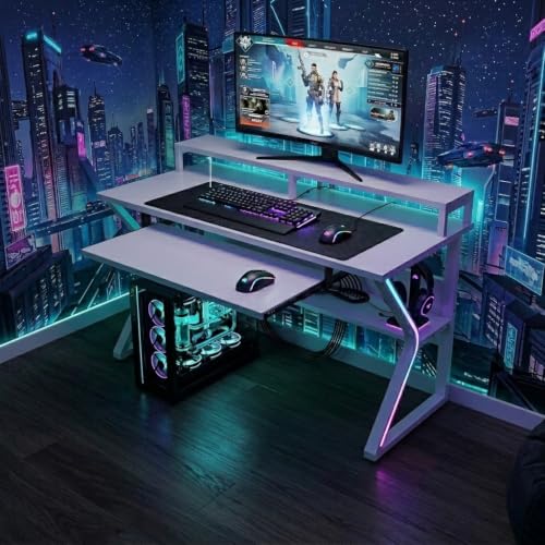 Image of TEKAVO Plik Computer Table for Home Pc | Office Table for Home | Shelf, Moniter Riser & Keyboard Tray, Laptop Table, Worktable, Study Table, Workstation | Whitewood, Metal, (150 Cm x 60 Cm) DIY