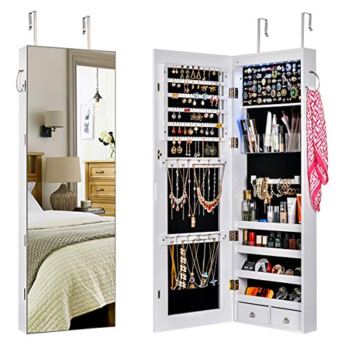 Sunix Spiegel-Schmuckschrank/Wand/Tür, abschließbar, mit 8 LEDs, Weiß