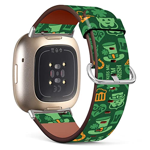 Mingdao Compatible with Fitbit Sense 2 / Sense / Versa 4 / Versa 3 Patterned Leather Replacement Band (St. Patrick Irish Pattern)