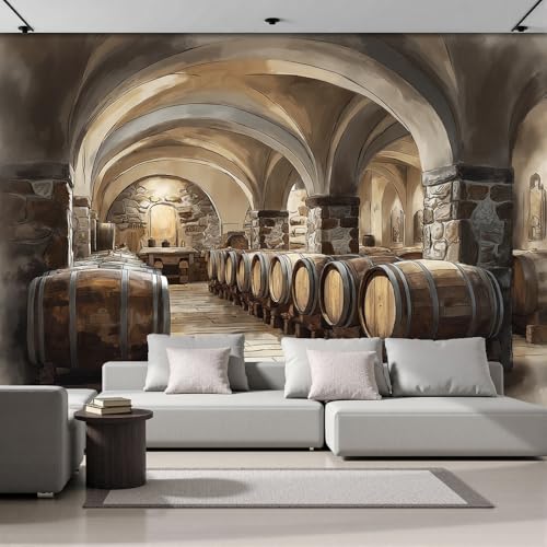 Bodega De Vinos Papel Pintado Panorámico Vino Barriles 200 x 140cm Fotomurales Seda, Murales Decoración de Pared Póster de Pared 3D Para Salón, Dormitorio, Estudio