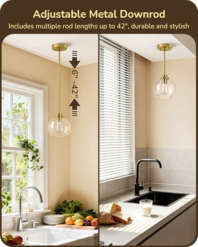 EDISHINE 2-Pack Pendant Light Kitchen Island Clear Glass Globe Gold - image 3