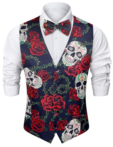 Fashonal Dia De Los Muertos Costume Men Day of The Dead Vest Sugar Skull Costume Halloween Vest & Bow Tie Rose Skull Size XL