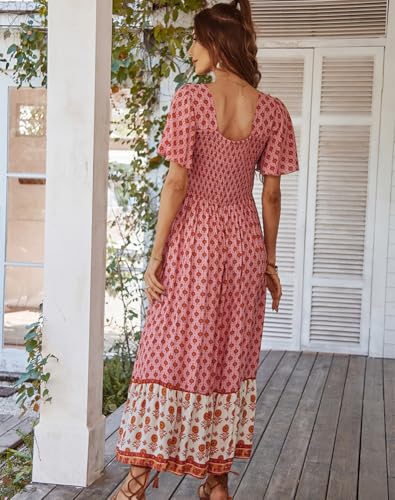 Image of Sister Amy Women's Boho Floral Print Square Neck Beach Party Flowy Ruffle Midi Dress