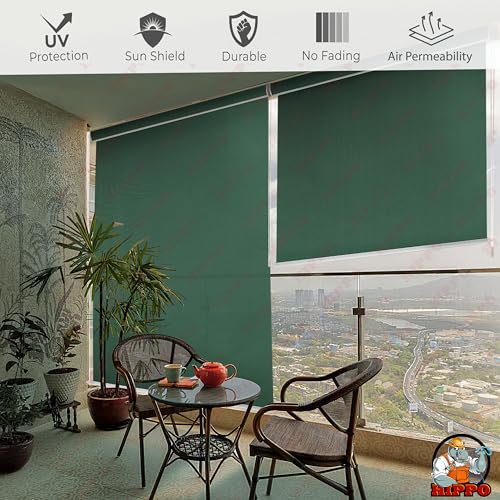 Image of HIPPO 180 GSM HDPE Outdoor Balcony Roller Blind, UV & Dust Protection Corded Roll Up and Down Light Filtering Blinds for Garden (Olive-Green, 3FTX9FT)