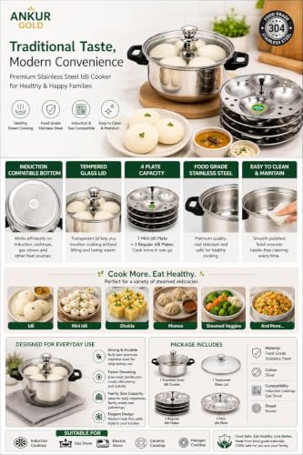 Image of Ankur Gold Stainless Steel Idli Cooker with Glass Lid | 4 Idli Plates (1 Mini Idli Plate + 3 Regular Idli Plates) | Induction Compatible Bottom | Food Grade Stainless Steel Idli Maker | Steamer for Soft Idli (1 Mini + 3 Regular)