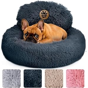 PetJett Calming Small Dog Bed – 23” Round Dog Beds, Anti-Slip & Washable Puppy Bed – Super Soft Fluffy Plush Faux Fur Pet Bed, Anti-Anxiety Premium Comfort Donut Bed, Fits Dogs upto 25 lbs, Dark Gray