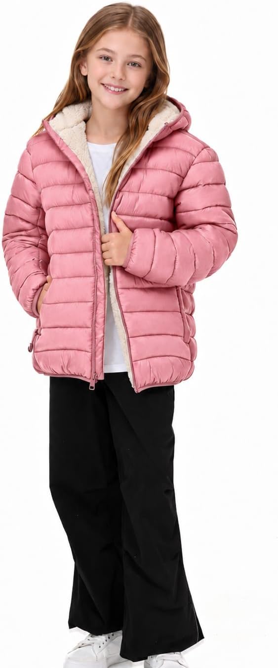 Boys Girls Hooded Winter Coats Sherpa Fleece Lined Puffer Jacket | Water-Resistant & Wind-Resistant Warm Thick Puffer Jacket