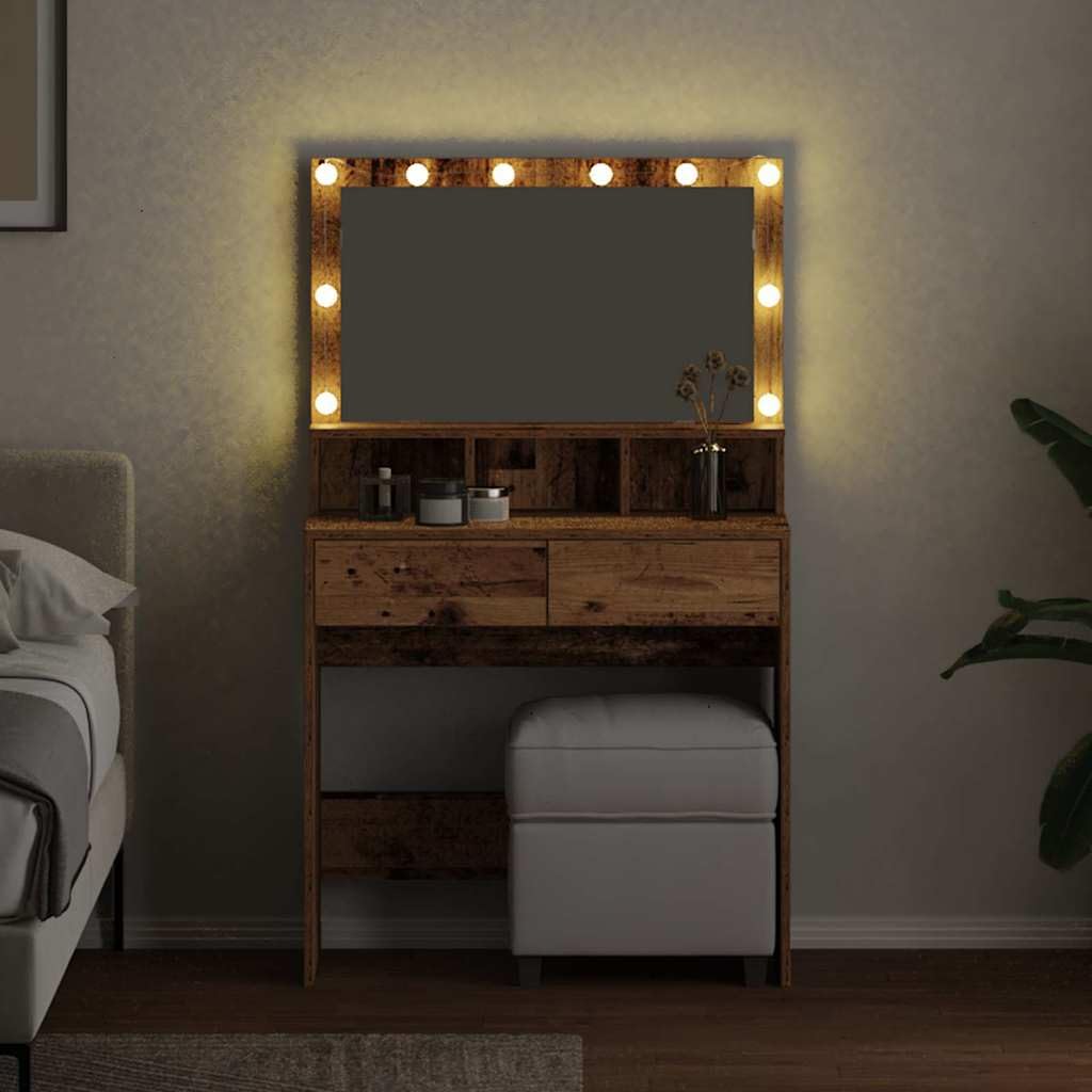 Tavolo da trucco in legno ingegnerizzato legno vecchio con specchiera e luci LED USB 80 x 41 x 134,5 cm, 2 cassetti ampio spazio, mobiletto consolle per camera da letto donna ragazza