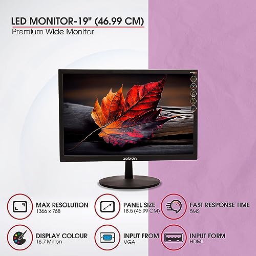 Image of Zebion 19HD1 18.5 Inch (46.99 Cm) Wide Led Monitor with Supporting Hdmi, Vga Input, Resolution 1366 X 768 Pixels, 17M Colors, Glossy Panel, Slim Design and Durable Body (Black)