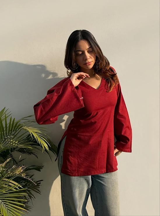 Image of Maroon Rayon Short Kurti for Women - V Neck Solid Ethnic Tunic Top, Casual Indo-Western Kurta for Jeans