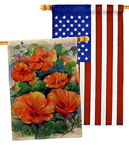Breeze Decor Red Hibiscus Burlap House Flag Pack Spring Floral Sunflower Tulip Rose Orchid Lilies Season Springtime Flower Wreath Applique Banner Small Garden Yard Gift Double-Sided, Made in USA