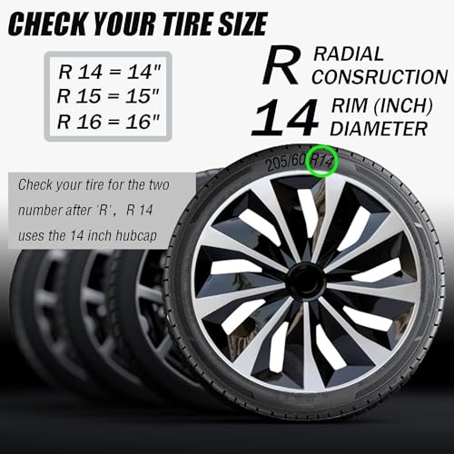 Hex Autoparts Universal Tire Rim Cover Hub Caps of TT Style Compatible with 14\" Tires & Wheels Car Truck, Hubcap Covers for 14 Inch Rims, R14 Replacement Hubcaps Black Rim Covers Set of 4 (Black)