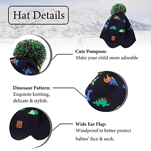 Zsedrut Dinosaur Winter Baby Beanie Hat Glove Set Fleece Lined Kids Boys Hat Knit Pompom Bonnet for Toddler Boys3