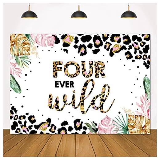Lofaris Four Ever Wild Birthday Backdrop 4th Birthday Safari Jungle Leaves Photography Background Child Kids Birthday Party Decorations Girl Cake Table Banner Photo Booth Props 7x5ft