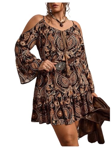 BEAUDRM Womens Plus Size Western Paisley Cold Shoulder Dress Boho Ruffle Bell Long Sleeve Vacation Summer Mini Dresses Khaki 3X-Large Plus