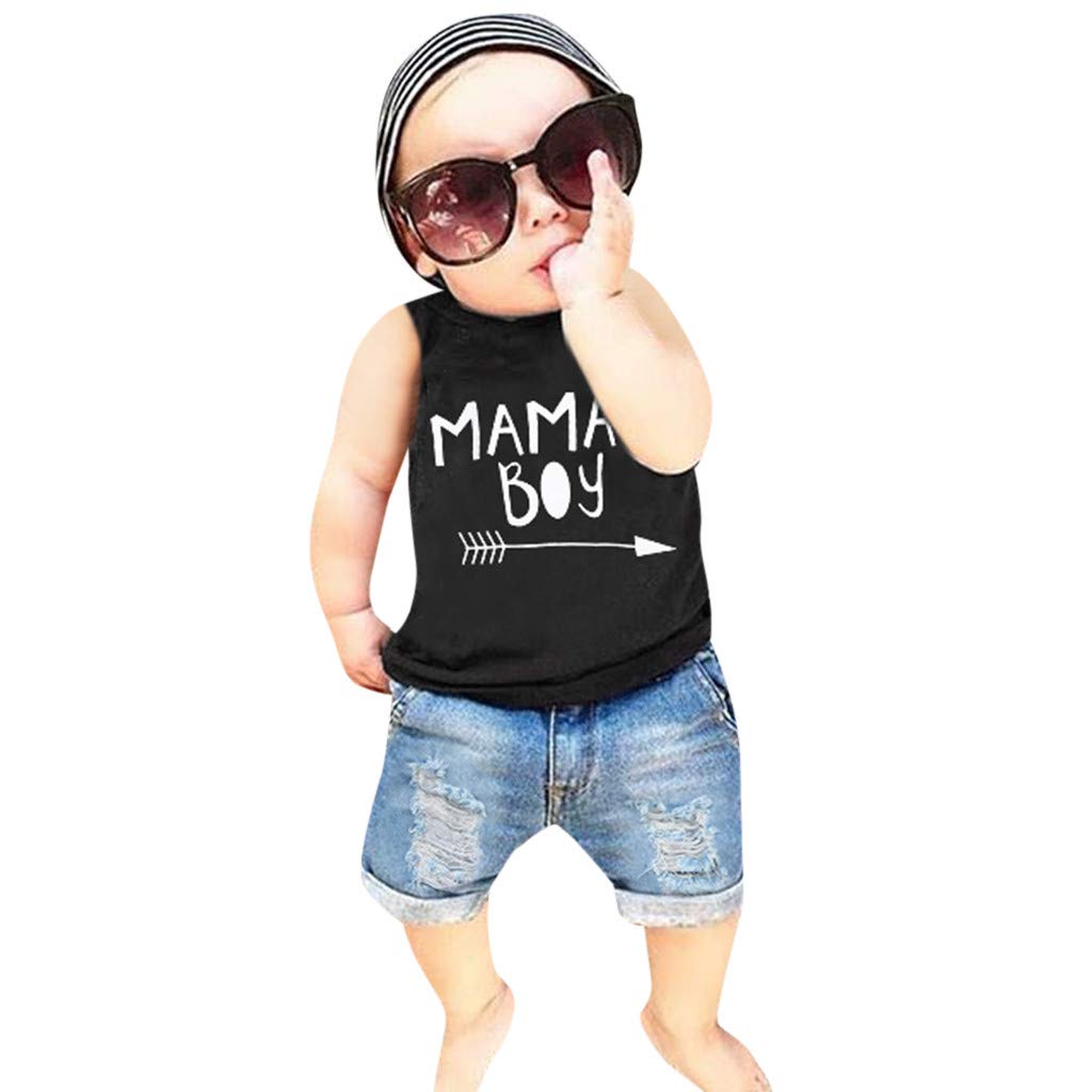 Toddler Baby Boy Letter Print Vest Tops T-Shirt+Hole Denim Jean Shorts Pants Clothes Outfits Set 0-4 Years
