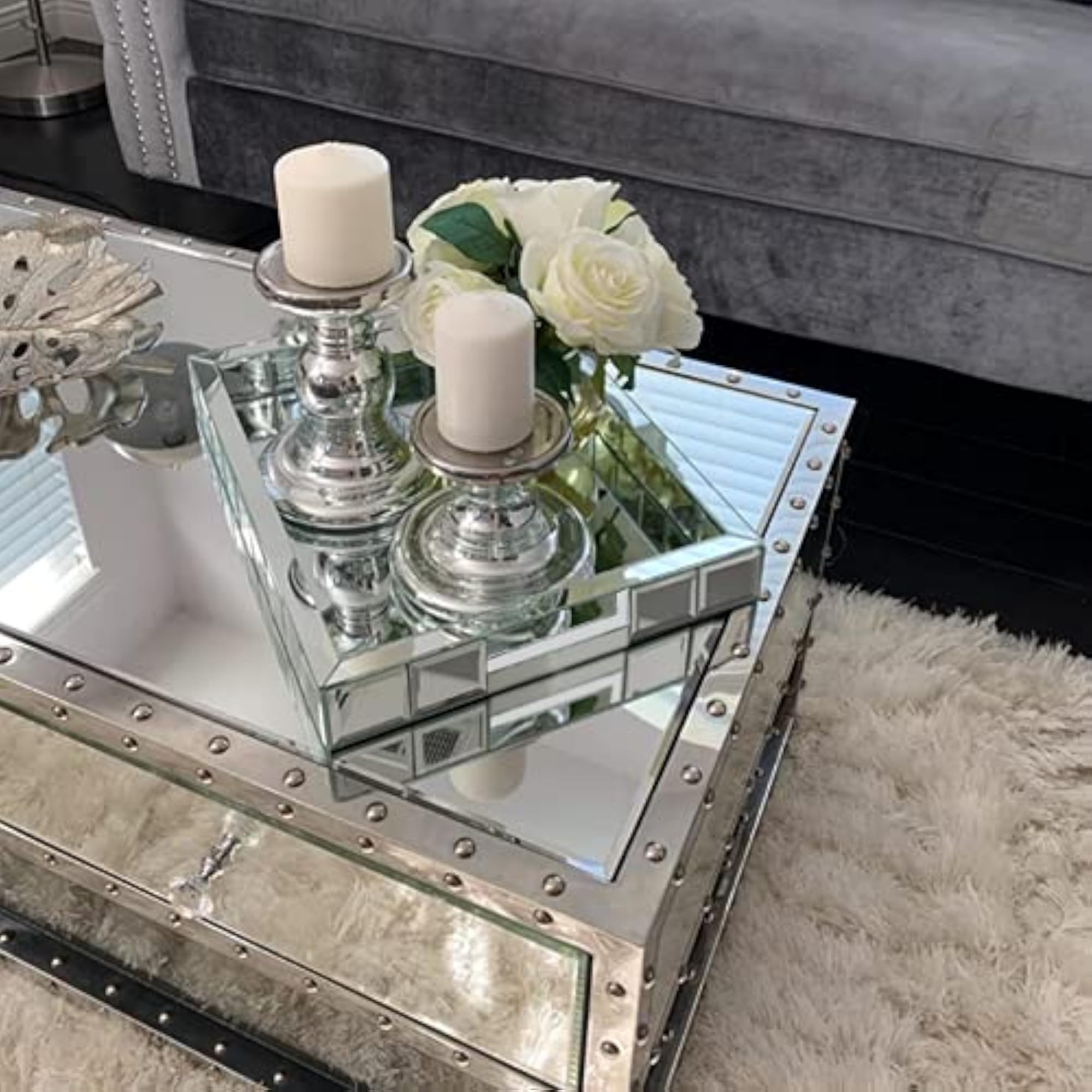 Decorative Mirrored Vanity Tray with Glass Border