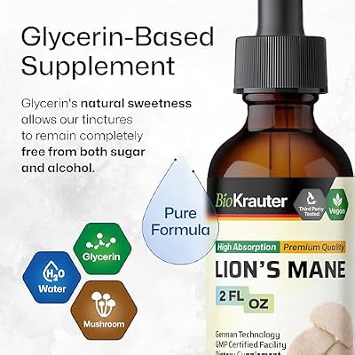 BIO KRAUTER Lions Mane for Focus Support & Brain Health - Vegan Lion's Mane Mushroom Supplement, Natural Clarity & Immune Support - 2 Fl.Oz., 28-Day Supply, Alcohol & Sugar Free