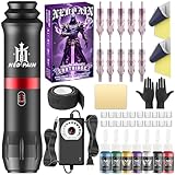 NEDPAIN tattoo pen kit includes a professional tattoo machine with RCA power adapter, 10 cartridge tattoo needles, 7 colors of tattoo ink, and practice skin, suitable for beginners and tattoo artists