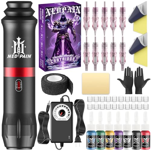 NEDPAIN tattoo pen kit includes a professional tattoo machine with RCA power adapter, 10 cartridge tattoo needles, 7 colors of tattoo ink, and practice skin, suitable for beginners and tattoo artists