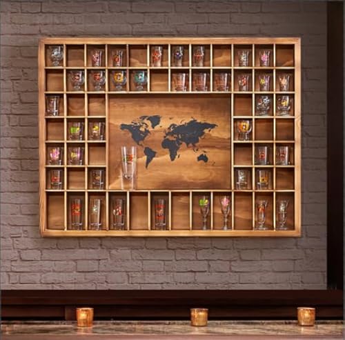 Tristcily Vitrina grande de vidrio de chupito con mapa del mundo, 60 ranuras, 34 x 26 pulgadas, gabinete de exhibición de vidrio de chupito de madera rústica para 2 tamaños, en habitaciones, bares - imagen 8