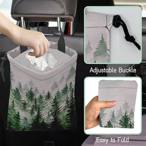 Image of Misty Forest Car Trash Bag,Foggy Forest Mountains Hanging Drawstring Car Garbage Bag,Waterproof Canvas Car Back Seat Organizer with Adjustable Buckle,for Vehicles,SUVs,Camping,Road Trips