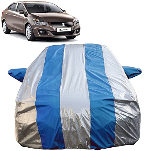 Image of Autofact Waterproof Car Body Cover Compatible with Maruti Ciaz (2014 to 2022) with Mirror Pockets (Blue Stripes with Shinning Silver Fabric /Waterproof Cover)