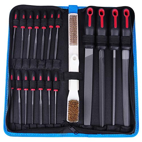 EXLECO 20 Juego de Limas Escofinas Metal Incluye Lima Plana Triángulo Semirredondas Redondas y 14 Pcs Limas de Agujas +Cepillo de Acero +Cepillos Suaves para Carpintero Metal Manual Taller DIY