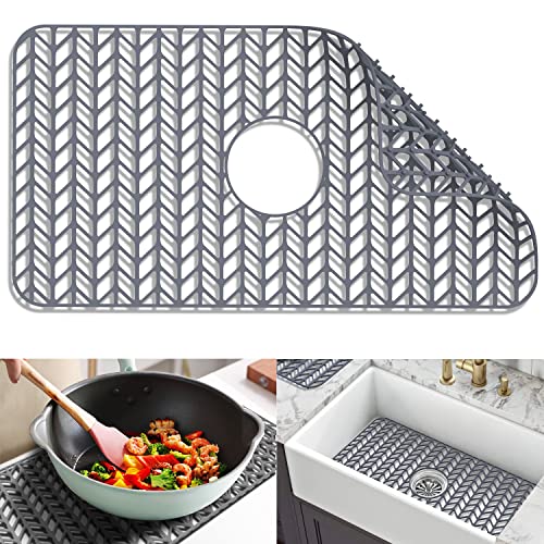 JOOKKI Sink Protectors for Kitchen Sink 12'13'16'18'19'24'26'28'29'30',Silicone kitchen sink mats protector for bottom of farmhouse sink(26'x14'Center Drain Gray)