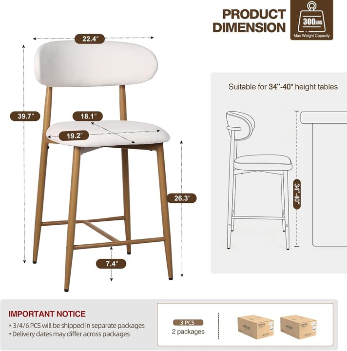 Image of AQO Counter Height Bar Stools Set of 3, Upholstered Counter Stools Modern Barstools with Metal Legs for Kitchen Island Dining Room, Wood-Grain