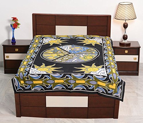 Sarjana Handicrafts Indian Twin Size sábanas de algodón Cama Hoja Sol Luna Naturaleza Colcha Ropa de Cama, algodón, Negro, Approx. 84 Inches (213 cm) X 54 Inches (137 cm) Cover