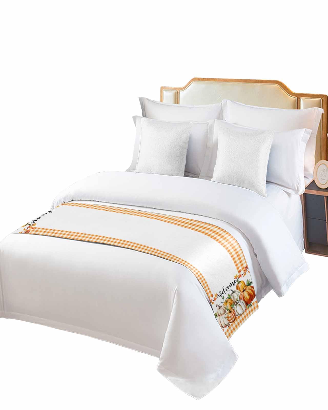 Queen Bed Runner Thanksgiving Pumpkin Maple Leaf Bedding Runner Scarves Decorative Bed Scarf, Orange Buffalo Plaid Soft Bed Runners for Bedroom Hotel Wedding 94x20in