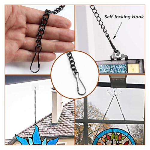 Image of Picture Hanging Chain with Adhesive Hooks and Suction Cup for Stained Glass Window Hangings Kit and Suncatchers Black Metal Chain Kit 18 pcs (Black)