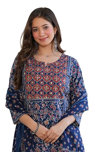 Image of Amayra Women's Pure Cotton Printed Straight Kurta Set with Palazzo Pants & Dupatta|Ethnic wear|Kurti Suit Set for Women