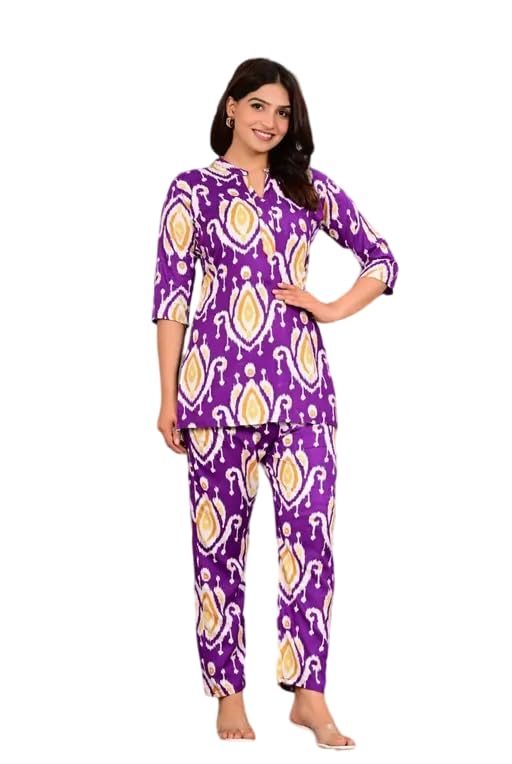 Women's Abstract Printed Crew Neck 3/4th Sleeves Short Kurti and Straight Fit Pant Set-picture-24
