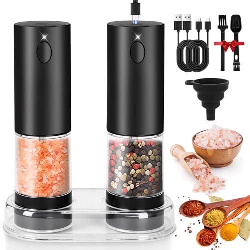Moulin a Poivre Électrique,Automatique Moulin Sel Poivre,Ensemble de moulins à poivres électrique avec base Rechargeable USB,avec Lumière LED,Salières et...