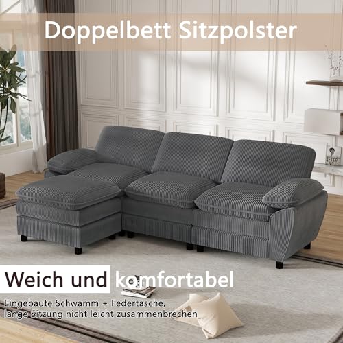 Modulares 3er-Kombinationssofa mit abnehmbarem Ottoman in Premium Velours – Elegantes L-Sofa für Wohnzimmer, perfekte Ergonomie & einfache Montage (258cm, Grau) – Bild 8
