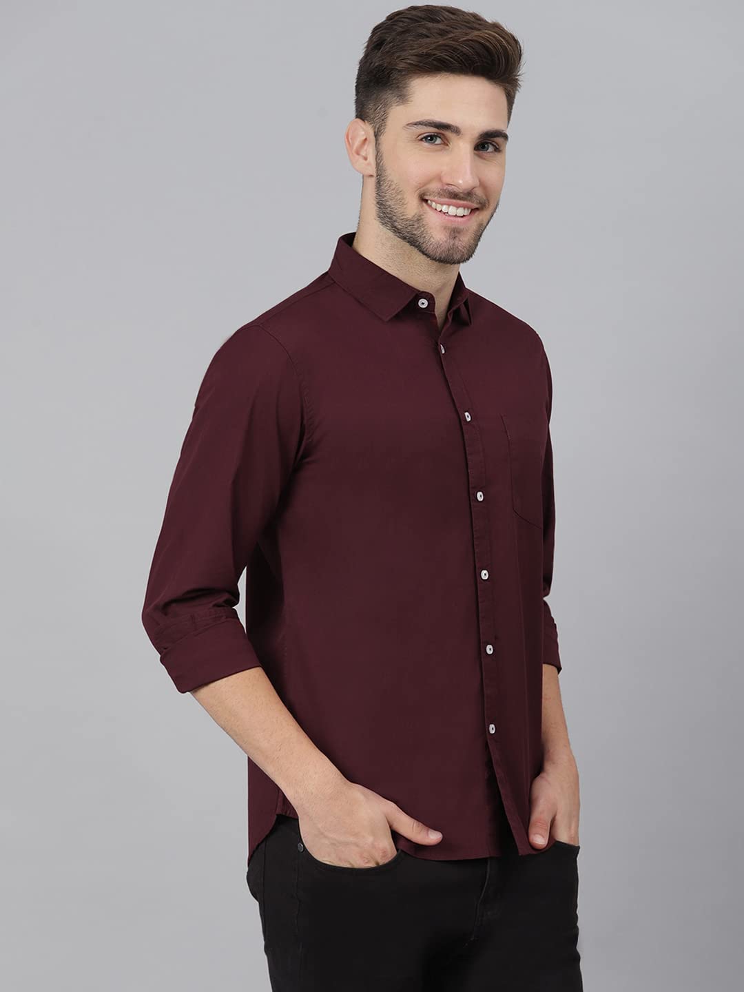 Dennis Lingo Men's Solid Burgundy Casual Shirt (C301_Burgundy_S) 3